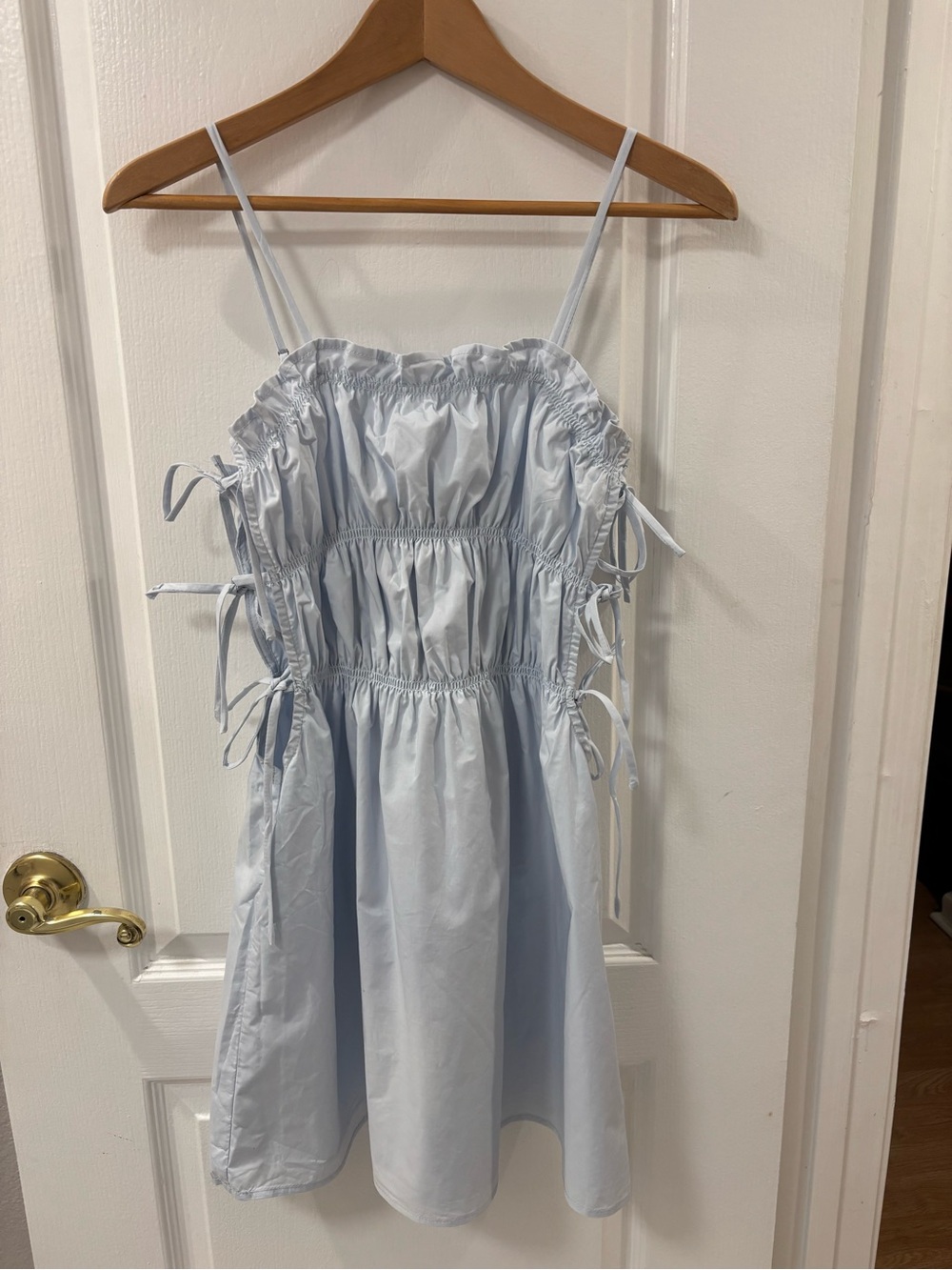 Isabelle’s Cabinet Light Blue Cotton Poplin Ruched Smocked Mini Dress Side Ties